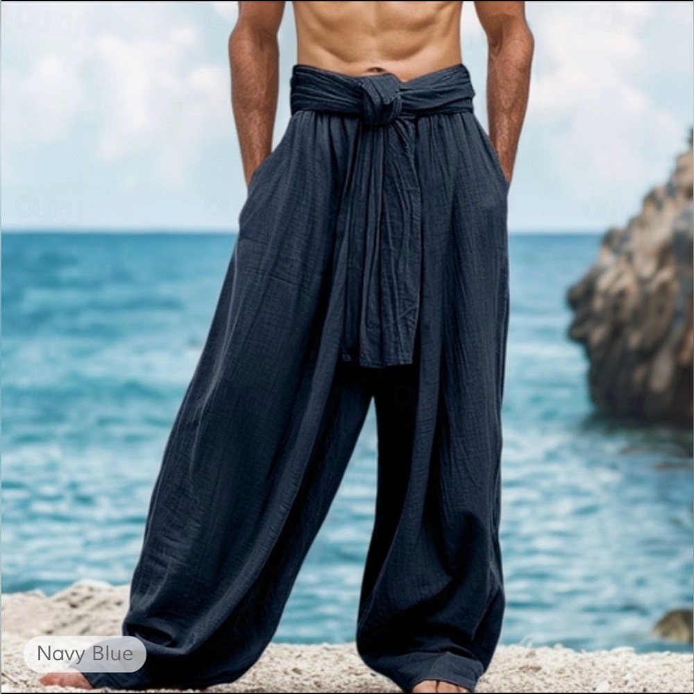 Men's Linen Pants Trousers Summer Pants Drawstring Navy Blue Size XXL